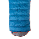 The Mont Warmlite XTR 550 blue sleeping bag from Mont, featuring red zippers and a grey interior made from recycled materials, is shown against a white background. The bottom part is slightly opened, revealing the lining.