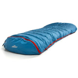 The Mont Warmlite XTR 550 sleeping bag in blue, featuring a red zipper and the Mont brand logo on the front, crafted from recycled materials, laid out flat on a white background.