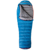 The Mont Warmlite XTR 550, a blue mummy-style sleeping bag from Mont made from recycled materials, features a gray inner lining and is partially unzipped.