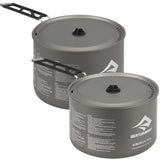 Two gray cooking pots with handles and lids, labeled "Sea to Summit," placed against a white background. Made from high-spec anodized alloy, the Sea to Summit Alpha Cookset 4.2 offers durable lightweight options featuring measurement markings and product details printed on their sides—perfect for your camp kitchen set.