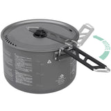 The Sea to Summit Alpha Cookset 4.2 features a gray cooking pot with a lid and a foldable black handle, crafted from high-spec anodized alloy. The handle includes a rotating mechanism with an arrow for locking or unlocking, making it a durable, lightweight option for any camp kitchen set from the reputable brand Sea to Summit.