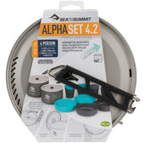 The Sea to Summit Alpha Cookset 4.2 is a durable and lightweight camp kitchen set designed for four people. It includes high-spec anodized alloy pots, bowls, mugs, and cutlery, along with a detachable handle, making it an exceptional choice for any camping adventure.