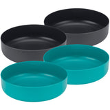 Four bowls from the Sea to Summit Alpha Cookset 4.2, two in black and two in teal, arranged in a grid. Each durable and lightweight bowl holds a capacity of 750 ml or 25 oz, making them perfect for your compact camp kitchen set.