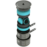 The Sea to Summit Alpha Cookset 4.2 by Sea to Summit features a neatly stacked camp kitchen set with durable, lightweight cookware and utensils, including pots, pans, lids, cups, and bowls—all designed to nest together for compact storage. Made from high-spec anodized alloy for enhanced performance.