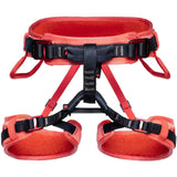 The Mammut Ophir Kids Harness by Mammut features a red and black design, padded waist belt, adjustable leg loops, and gear loops—an ideal adjustable harness for young climbers, shown against a white background.
