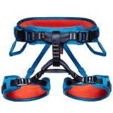 The Mammut Ophir Kids Harness by Mammut features adjustable waist and leg loops, gear loops, and reinforced tie-in points—ideal as an adjustable child harness for young climbers. Shown in blue and orange against a white background.