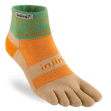 The Injinji TRAIL Midweight Mini-Crew is a multicolored toe sock with separated compartments for each toe in orange, beige, and green. Designed for blister prevention on trails, it offers enhanced comfort with protective cushioning.