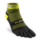 The Injinji TRAIL Midweight Mini-Crew is a black and yellow ankle-length toe sock with individual toe compartments, "injinji" logos on the cuff and foot, designed for blister prevention and moisture management.