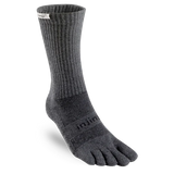 The Injinji Women's TRAIL Midweight Crew is a gray, ribbed, crew-length trail running sock with individual toe compartments for blister prevention, shown on a plain background.