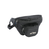 The Tatonka Small Funny Bag in black features two zippered compartments and an adjustable hip belt, making it perfect for carrying small items.