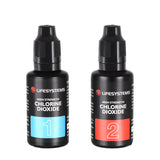 Two black bottles labeled "lifesystems Chlorine Dioxide Water Purification Droplets" (2 x 30ml), numbered 1 and 2 with blue and red details, stand side by side—ideal for effective water disinfection on the go.