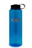 A blue Nalgene Sustain Silo Bottle 1500ML with a black lid, marked with measurements in milliliters and ounces, and branded with "Made in USA," crafted from recycled plastic bottles for a more sustainable choice.