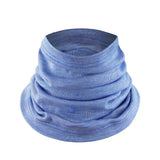 The Wilderness Wear MerinoFusion 190 Double Layer Neck Warmer, in light blue ribbed fabric, stands upright against a white background.