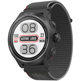 The Coros Apex 2 Pro GPS Outdoor Watch by Coros showcases a round face showing the time as 08:36 Mon and an altitude of 4800. With two side buttons and a gray fabric strap, it's equipped with a heart rate sensor, making it ideal for any adventure.