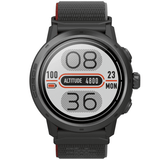 The Coros Apex 2 Pro GPS Outdoor Watch showcases a heart rate sensor and presents time, altitude, date, and day on its elegant display. With a black casing and gray wristband, it's the perfect choice for adventure enthusiasts.