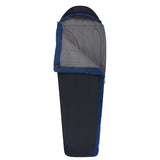 The Sea To Summit Trailhead ATH2 Sleeping Bag in dark blue and gray is shown unzipped and partially open, revealing its inner lining and featuring an anti-snag zipper for easy access.