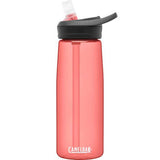 A translucent red Camelbak Eddy + water bottle with a black flip-top lid and a clear straw, made from Tritan Renew for sustainable hydration.