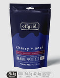 The Offgrid Performance Series brekkie bowl in "cherry + acai" offers a blue and black package containing 28.4g protein, 610 calories, 24.3g carbs, and 42.4g sugar. It's gluten-free, dairy-free, nut-free, and enriched with plant-based BCAA for the perfect breakfast boost you crave.
