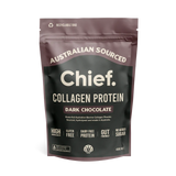 A resealable bag labeled "Chief Grass-fed Collagen Protein Powder 450g (30 serve)" by Chief Nutrition, features Australian collagen peptides, is gluten free, dairy free, gut friendly, contains no added sugar, and includes organic raw cacao powder.