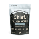 Chief Nutrition Grass-fed Collagen Protein Powder 450g (30 serves), creamy vanilla flavor, made with Australian collagen peptides. Australian sourced, high protein, gluten-free, and no added sugar.