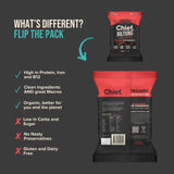 Two images of Chief Nutrition's Chief Beef & Chilli Biltong highlight a healthy, protein-rich snack made with clean ingredients. This organic option is slow air-dried, low in carbs, free from preservatives, and both gluten- and dairy-free.