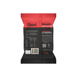 Back of a red and black Chief Beef & Chilli Biltong package from Chief Nutrition showing nutritional info, barcode, and QR code—a perfect healthy snack for authentic organic biltong enthusiasts made with slow air dry techniques.