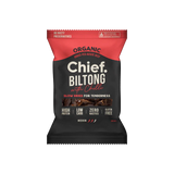 Enjoy Chief Nutrition's Chief Beef & Chilli Biltong made from organic, grass-fed Aussie beef. This 30g pack offers a healthy, gluten-free snack that's high in protein, low in carbs, and free from nasties. Experience medium spice with tender slow air-dried perfection.