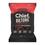 Chief Nutrition's Chief Beef & Chilli Biltong in red and black packaging features organic biltong made from grass-fed Australian beef. This slow air-dried snack is high in protein, low in carbs, gluten-free, and free from additives.