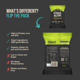 The images display the green and black package of Chief Chipotle & Lime Biltong by Chief Nutrition. It's high in protein, made with clean ingredients, low in carbs, organic, preservative-free, gluten-free—an ideal slow air-dried snack with natural flavor.