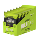 A display box of Chief Chipotle & Lime Biltong by Chief Nutrition highlights its preservative-free, organic, grass-fed Aussie beef. The packaging showcases this healthy snack as air-dried for ultimate tenderness.