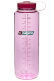 A large, transparent pink Nalgene Sustain Silo Bottle 1500ML with a maroon cap and measurement markings up the side for volume, made from recycled plastic bottles.