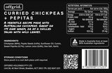 Matte black label for Offgrid Curried Chickpeas & Pepitas showcases aromatic spices, ingredients, nutrition, storage details, and a QR code. Proudly Australian made by Offgrid.
