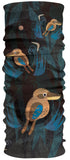The Headsox Wildlife Conservation by Headsox is a patterned neck gaiter made of soft microfiber fabric. It features three blue and brown illustrated birds amid abstract blue and black shapes, ideal for outdoor enthusiasts.