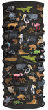 Vibrant animal illustrations and "Who is who? In the zoo." text enliven the dark microfiber fabric of Headsox Wildlife Conservation, ideal for wildlife enthusiasts.