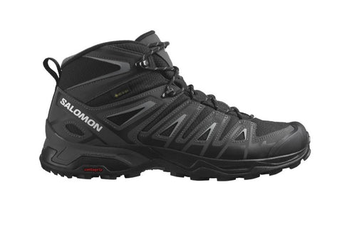 Black Salomon X Ultra Pioneer Mid GTX Men's hiking shoe featuring GORE-TEX technology and a rugged sole, isolated on a white background.