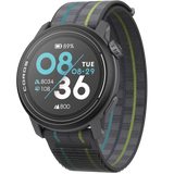 The black Coros Pace 3 GPS Sport Watch displays the time as 08:36 on Tuesday, August 29. Its advanced technology shows battery level, step count, heart rate, and elevation on the screen. The watch boasts a gray strap with green and blue accents and features Turn-by-Turn navigation for ease of use.
