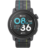 A black smartwatch with advanced technology, the Coros Pace 3 GPS Sport Watch displays time, date, battery level, step count, and elevation gain on a round screen with a grey, blue, and green striped wristband.