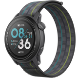 A Coros Pace 3 GPS Sport Watch displaying the date, time, battery level, steps count, heart rate, and altitude with a grey strap featuring blue and green stripes. The Coros Pace 3 integrates advanced technology for fitness enthusiasts including turn-by-turn navigation.