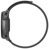 Side view of a Coros Pace 3 GPS Sport Watch with a black band, showcasing its advanced technology, side buttons, and the strap's buckle—the perfect companion for Coros enthusiasts.