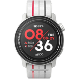The Coros Pace 3 GPS Sport Watch by Coros with a gray and white strap displays the time, date, battery level, step count, heart rate, altitude, and turn-by-turn navigation updates on a black and red interface utilizing advanced technology.