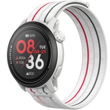 Smartwatch with a white and gray striped wristband displaying the time, date, heart rate, steps, and altitude on its screen. Featuring advanced technology, this Coros Pace 3 GPS Sport Watch also offers Turn-by-Turn navigation for all your adventures.