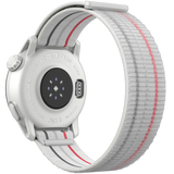 Back view of a Coros Pace 3 GPS Sport Watch featuring a white case and strap with black and red striping, showcasing its sensor, branding, and advanced technology for Turn-by-Turn navigation.