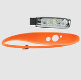 The Knog Quokka 150 Headlamp, an orange bike light by Knog, features a USB rechargeable LED module and a unique oval strap design with circular cutouts.