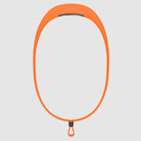 The Knog Quokka 150 Headlamp features an orange loop-shaped neckband with a small black clasp at the bottom and a rectangular element at the top. This lightweight headlamp is USB rechargeable, providing convenience and ease of use during your adventures.