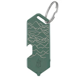 The Gerber Shard DT by Gerber is a green travel-friendly multi-tool keychain featuring an engraved mountain line design, metal keyring, and built-in bottle opener.