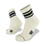 The Wilderness Wear Half Beast Sock is a white ribbed crew sock made from soft Merino wool, featuring two black stripes near the top and a black sole logo—ideal for durable workwear and shown on a white background.