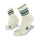 The Wilderness Wear Half Beast Sock by Wilderness Wear is a durable white crew sock with two dark green stripes at the cuffs and a dark green toe logo, shown on a plain white background.