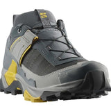Introducing the Salomon X Ultra 5 Men's Hiking Shoe, your ultimate hiking ally, featuring a rugged Contagrip tread, an elastic lacing system, and a stylish gray and yellow design for expert trail use.