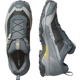 The Salomon X Ultra 5 Men's Hiking Shoe, in gray and black with yellow accents, boasts a rugged Contagrip sole and Ortholite branding on the tongue.