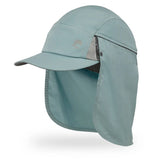 The Sunday Afternoons Vaporlite Cape Cap is a light blue sun hat with UPF 50+, a long neck flap, and curved brim for excellent sun protection, made from recycled fabric and shown against a plain white background.